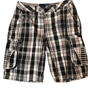 Roar Future plaid black and white cargo shorts